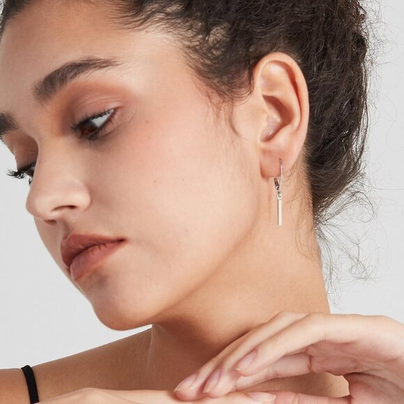 Dainty Silver- Bar Leverback Dangle Drop Hypoallergenic Earring for Women - Picture 2 of 7